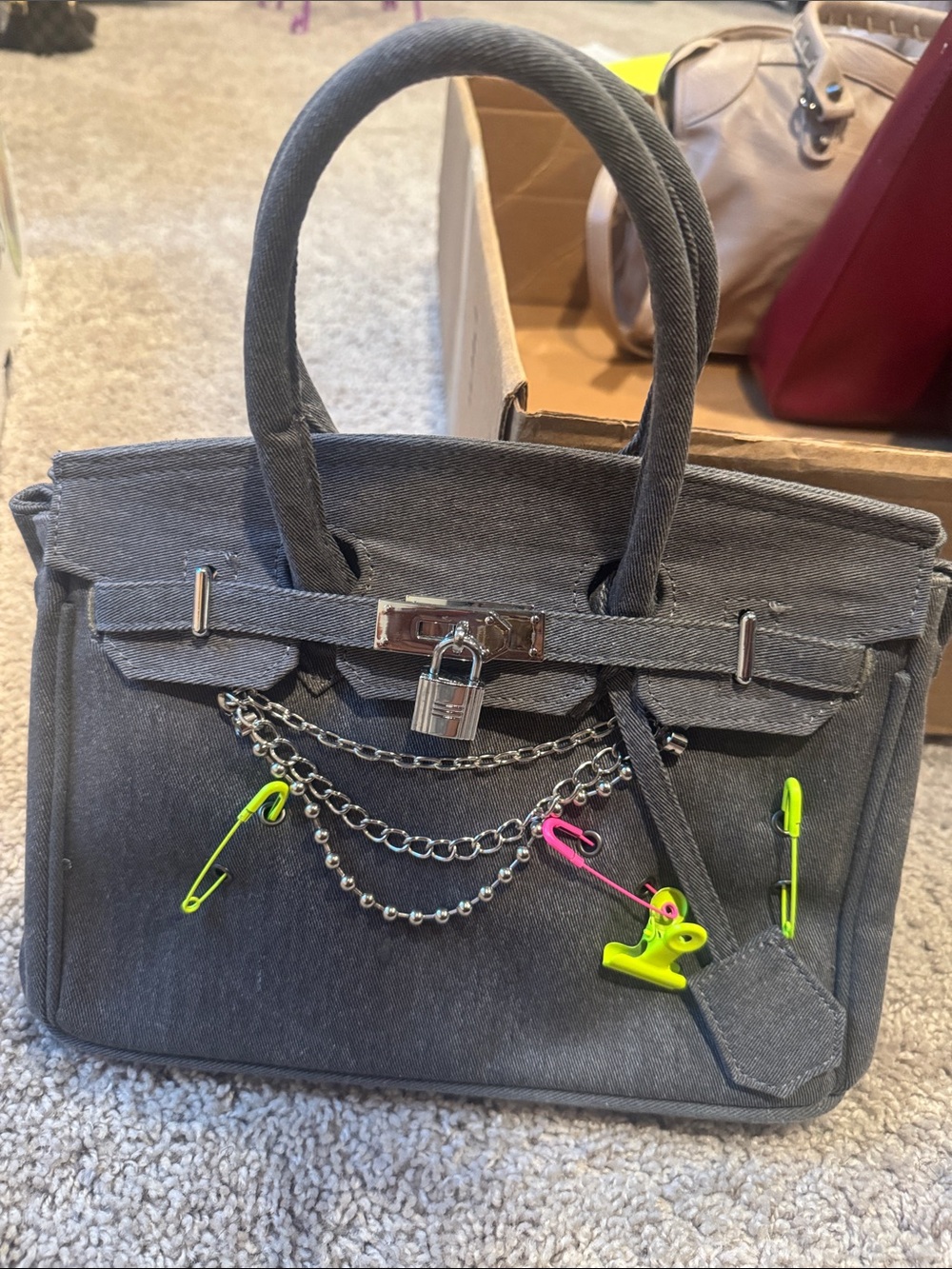 SHEIN Gray Denim Satchel with Neon Safety Pin Accents